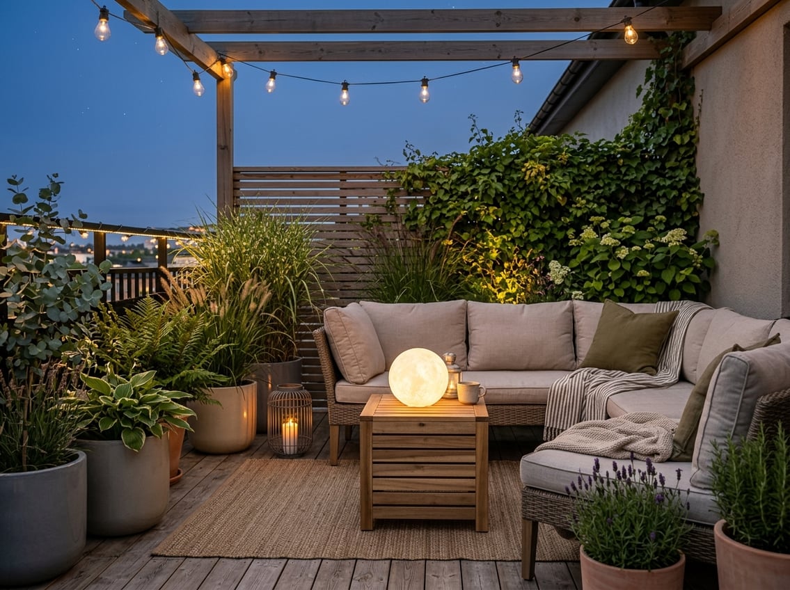 Skab en rolig terrassekrog med lys planter og en månelampe